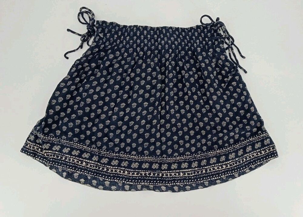Faherty Indigo Artisan Print Smocked Mini Skirt Flowy Side Tie Boho Maximalist S